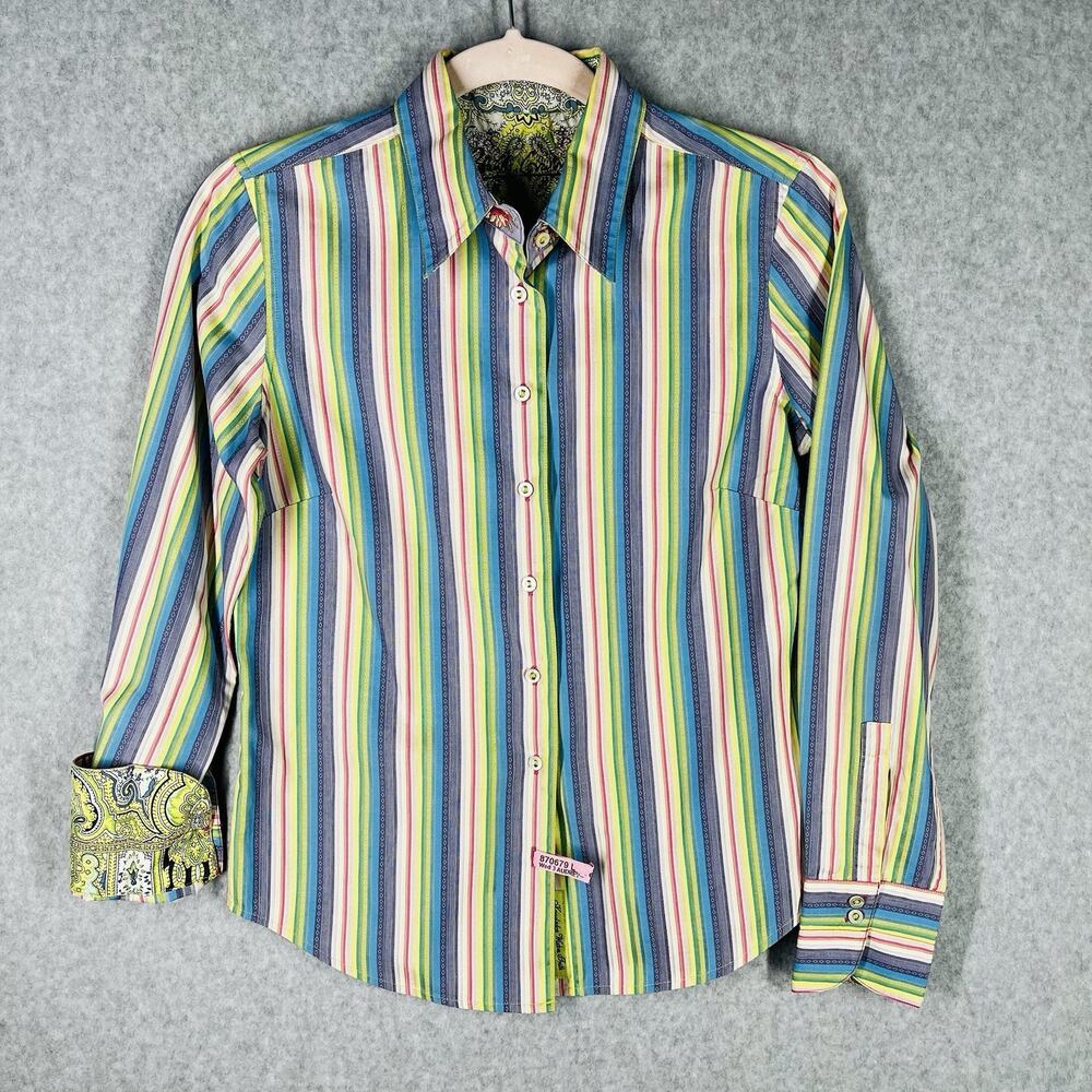 Robert Graham Womens S Multicolor Striped Paisley Flip Cuff Cotton Shirt